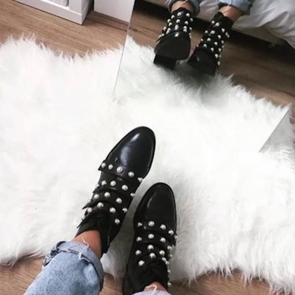 Zara Combat Faux Pearl Strap Ankle Boots - Picture 3 of 8